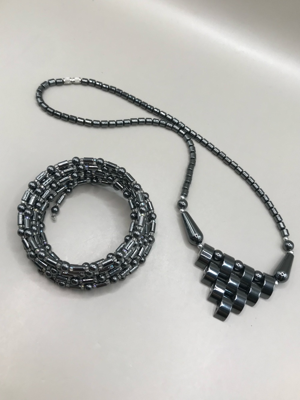 Hematite Geometric Bead Necklace & Bracelet in Gunmetal - Picture 4 of 7